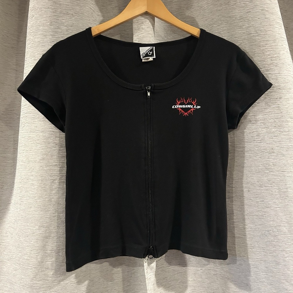 Vintage 90s Cowgirl Up Zip T-Shirt Size Medium Western USA Black